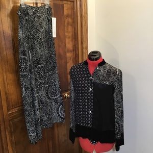 Josephine Chaus silk skirt set, size 8, NWT, shirt- velour cuffs & hem